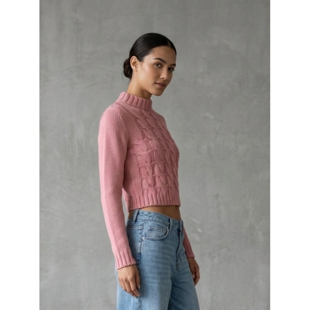 Dee Elly Pink Cable Knit Cropped Mock Neck Long Sleeve Sweater S